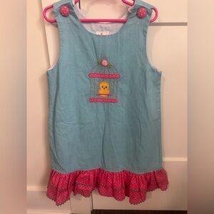 Girls Aqua and Pink Birdcage Ruffle Dress